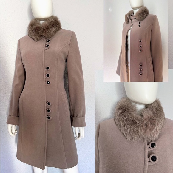 NWT WOMEN WINTER COAT REAL RACCOON FUR COLLAR WOOL‎ BLEND ASYMMETRIC FRONT LINED - Picture 1 of 12